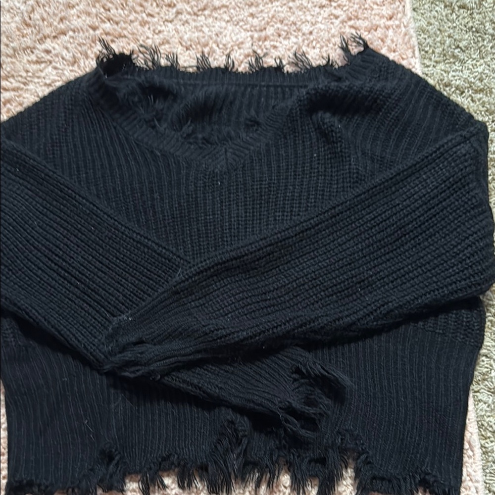 SHEIN Black V-Neck Distressed Sweater